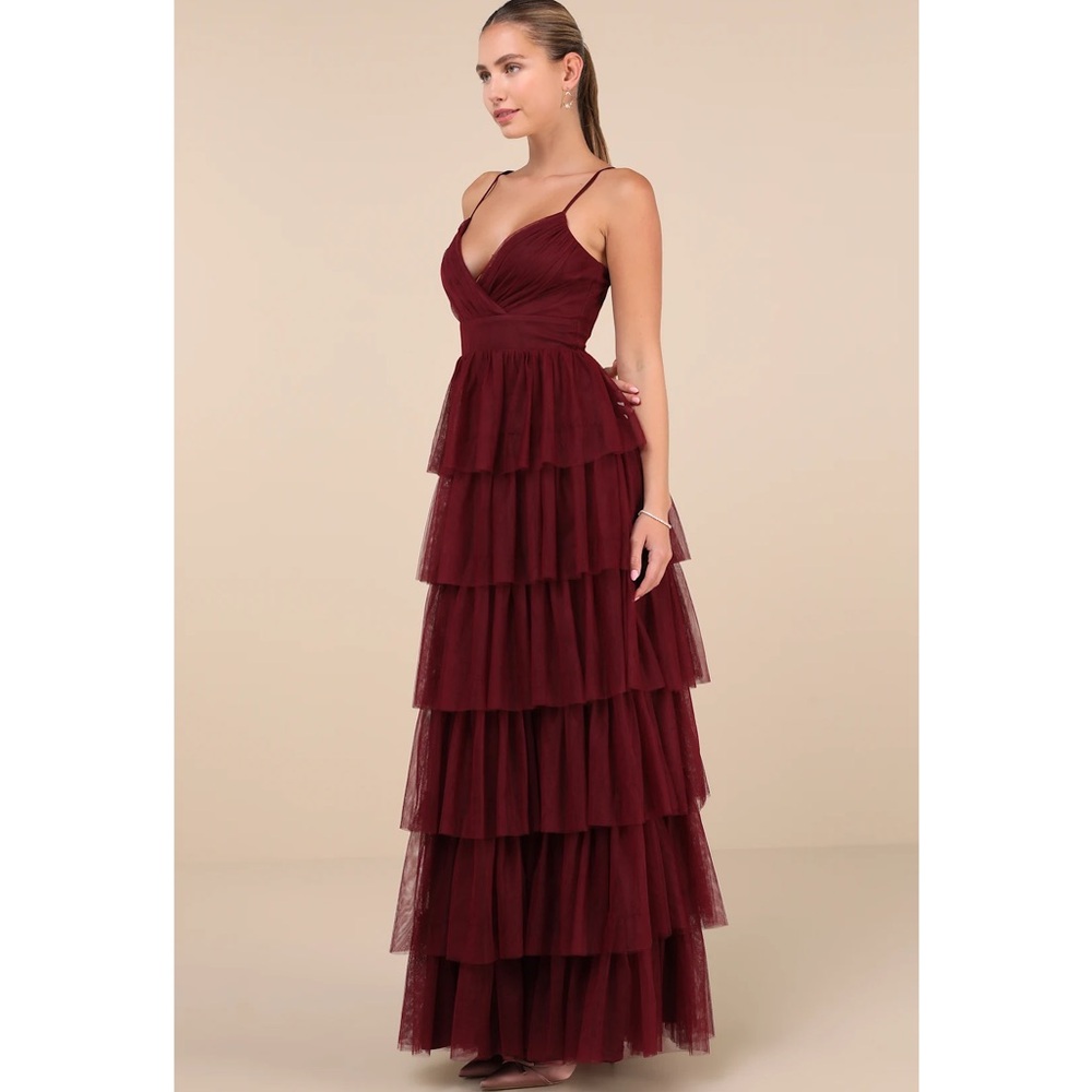Lulus Rule The Runway Burgundy Tulle Surplice Tiered Maxi Dress Small NWT - Picture 3 of 15